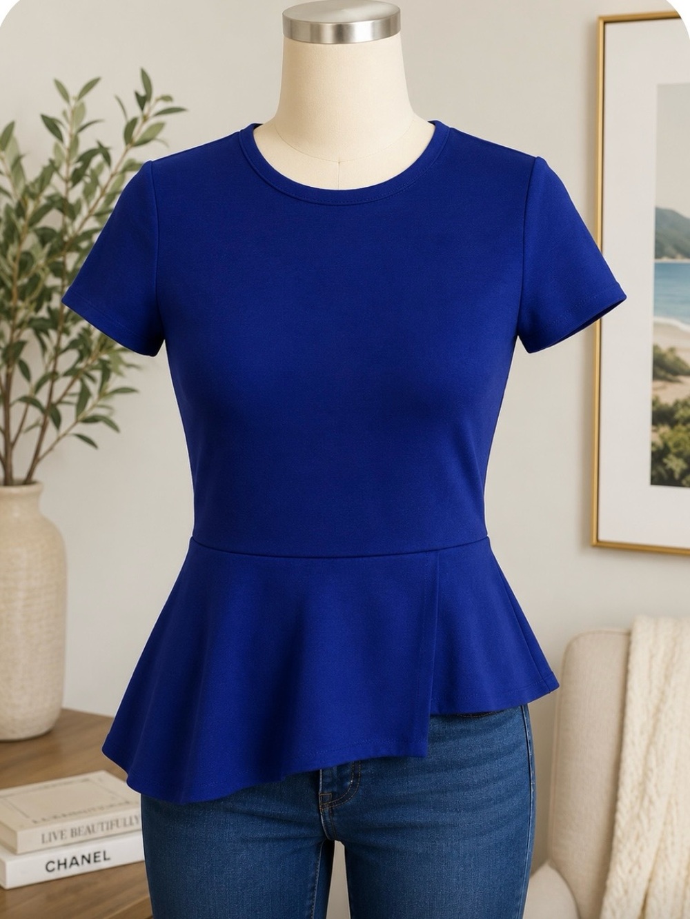BCBGMAXAZRIA Cobalt Blue Peplum Blouse Size M Structured Feminine Top
